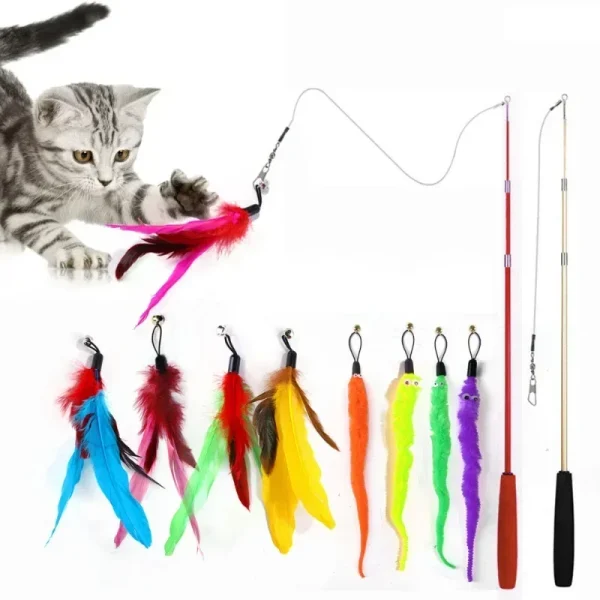 Cat Toy Fishing Rod with Color Feather and Bell